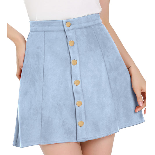 Women's Faux Suede Button A-Line High Waisted Flared Mini Short Skirt