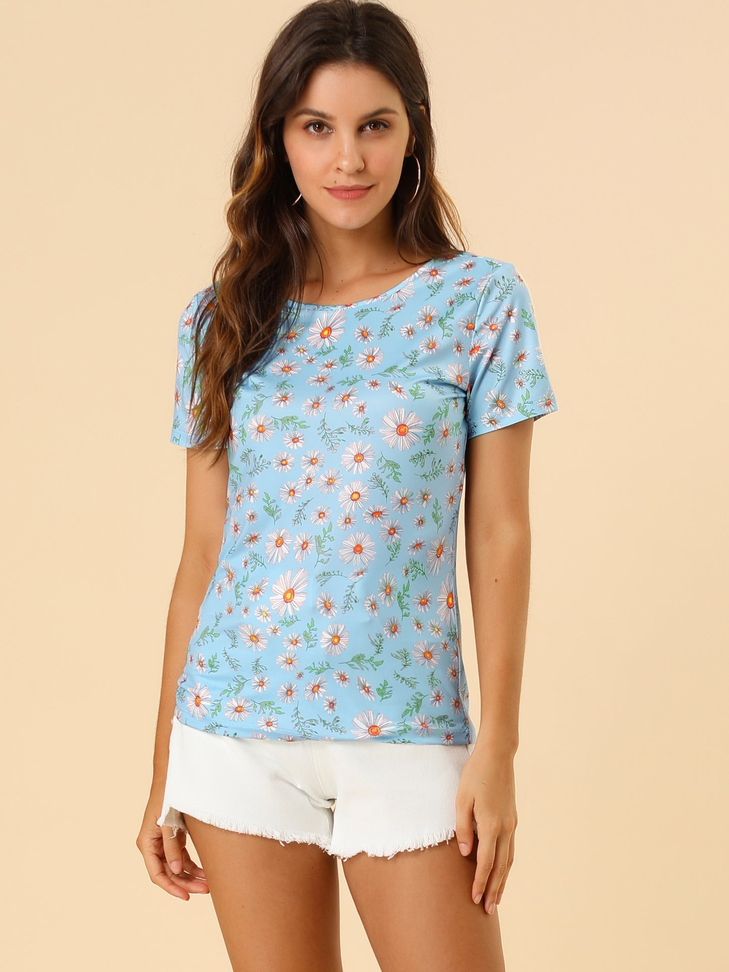 Camiseta de verano de manga corta con cuello redondo y estampado floral de margaritas para mujer