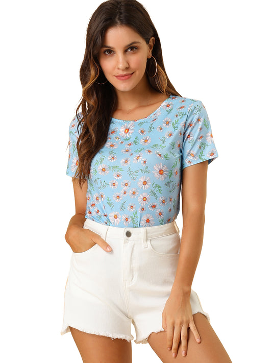 Camiseta de verano de manga corta con cuello redondo y estampado floral de margaritas para mujer