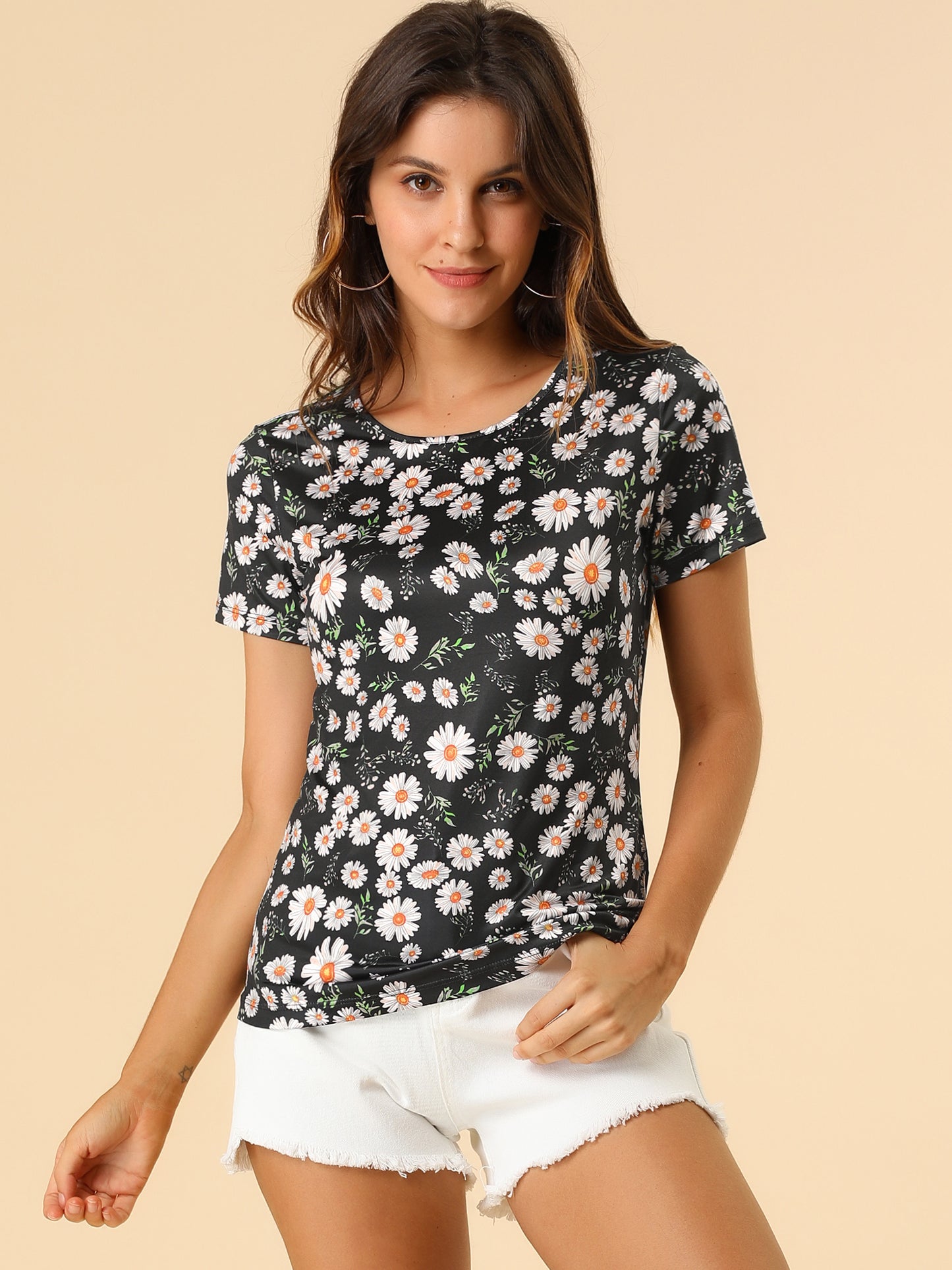 Women's Daisy Floral Top Crew Neck Short Sleeve Summer T-Shirt