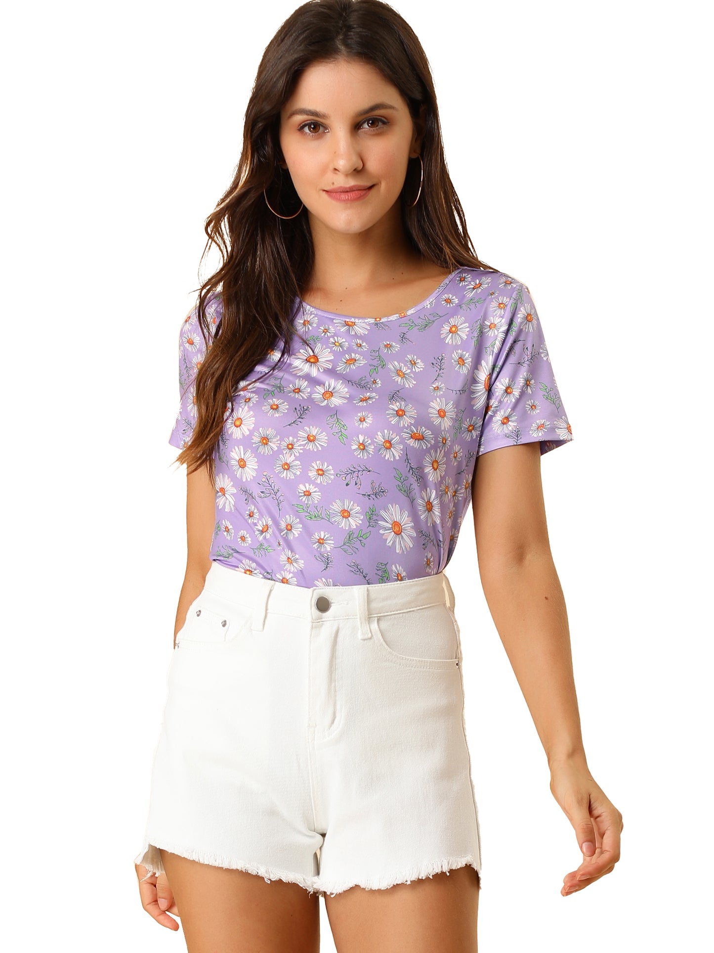 Camiseta de verano de manga corta con cuello redondo y estampado floral de margaritas para mujer