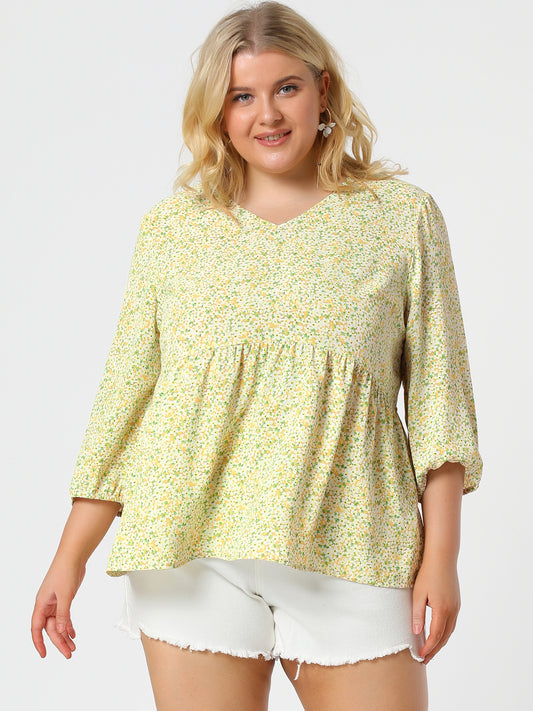 Blusa holgada tipo babydoll con cuello en V y mangas farol 3/4 para mujer, talla grande