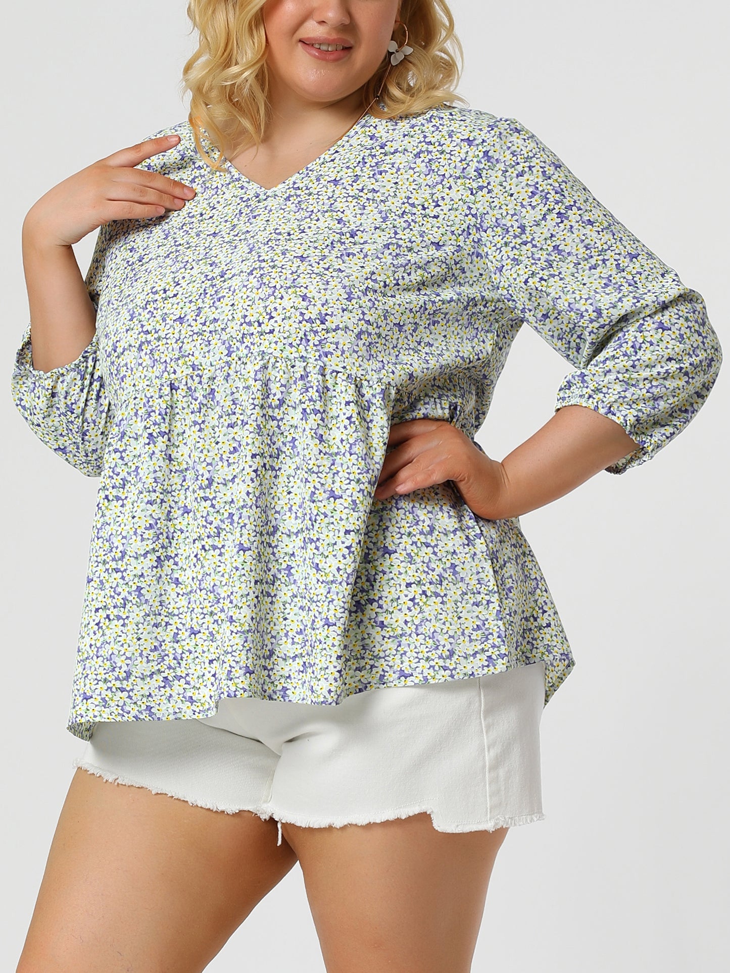 Women's Plus Size Top V Neck Babydoll Flowy 3/4 Lantern Sleeve Floral Blouse