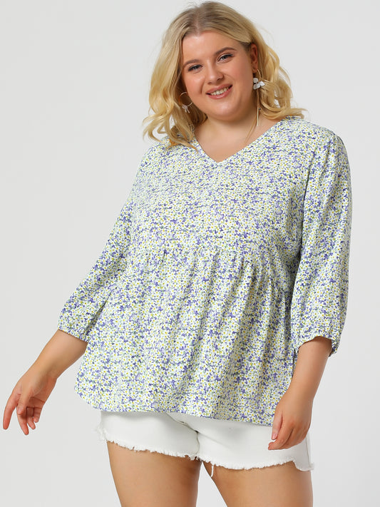 Women's Plus Size Top V Neck Babydoll Flowy 3/4 Lantern Sleeve Floral Blouse