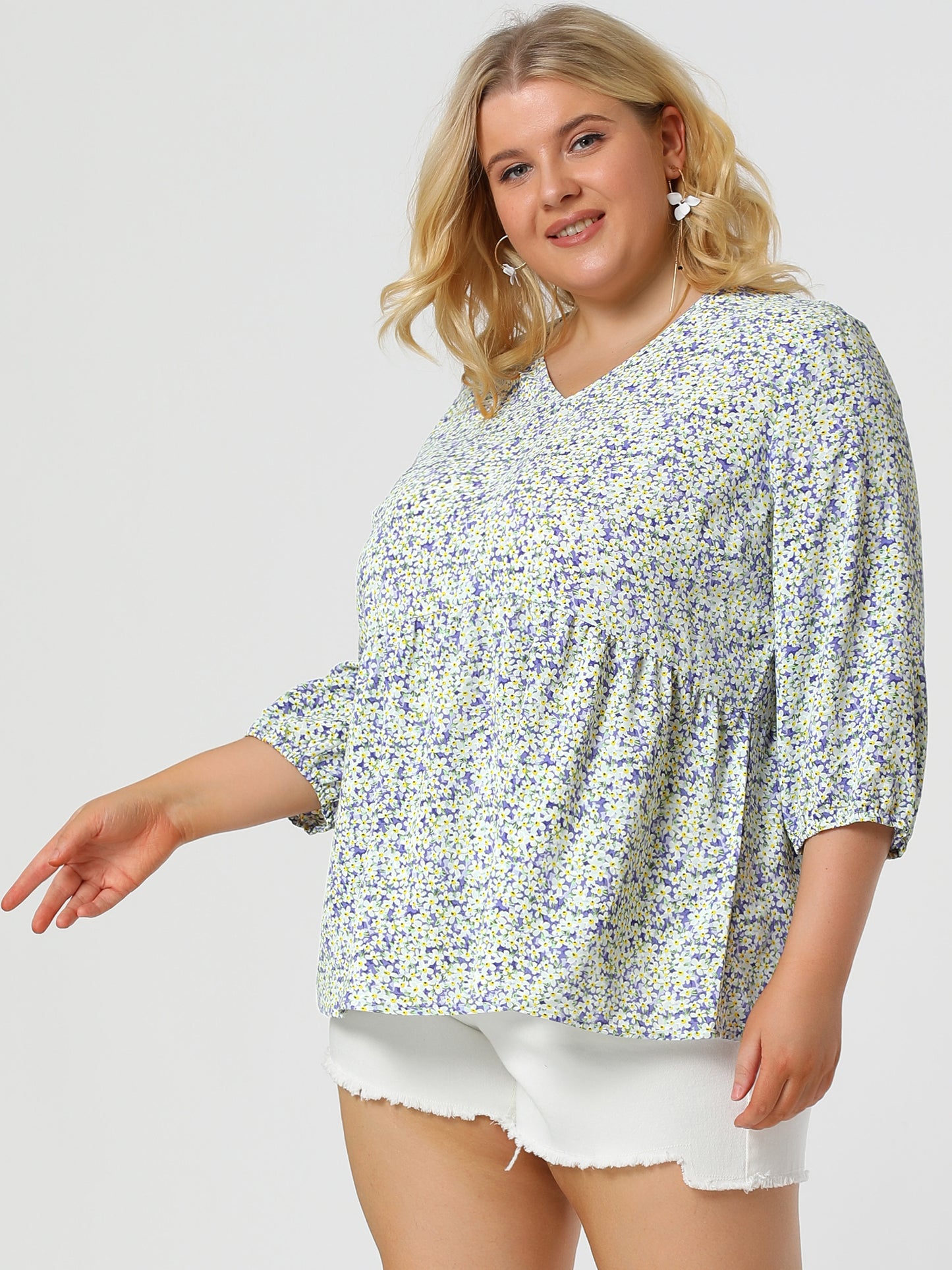 Women's Plus Size Top V Neck Babydoll Flowy 3/4 Lantern Sleeve Floral Blouse