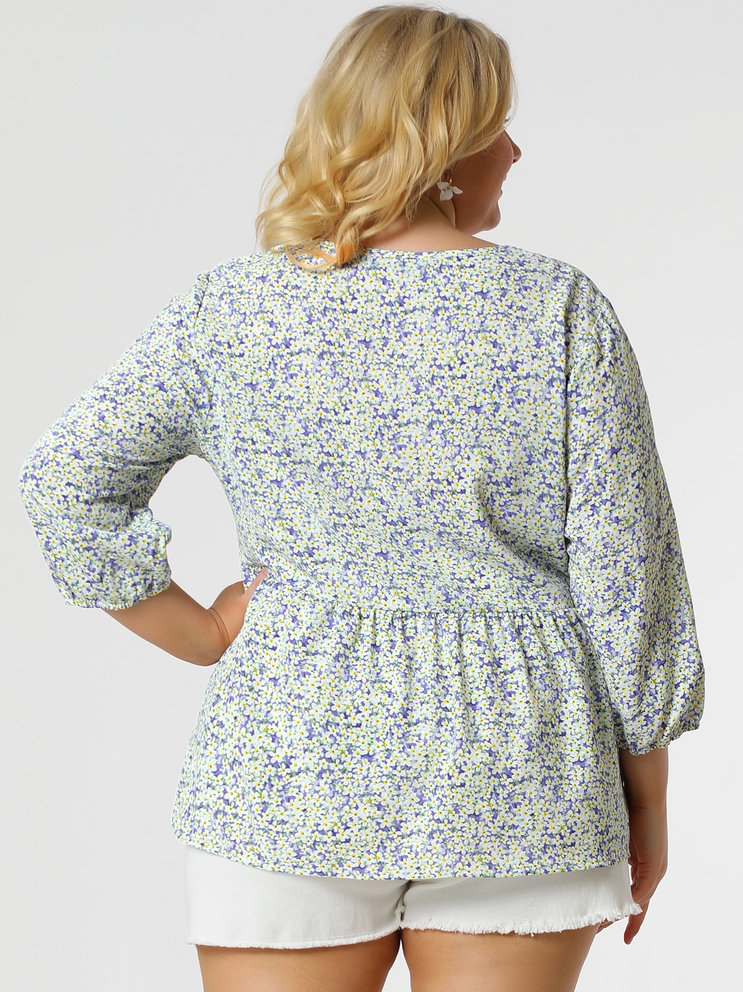 Women's Plus Size Top V Neck Babydoll Flowy 3/4 Lantern Sleeve Floral Blouse