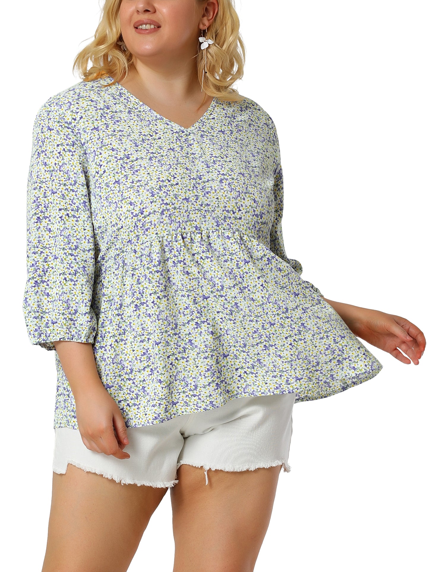 Women's Plus Size Top V Neck Babydoll Flowy 3/4 Lantern Sleeve Floral Blouse