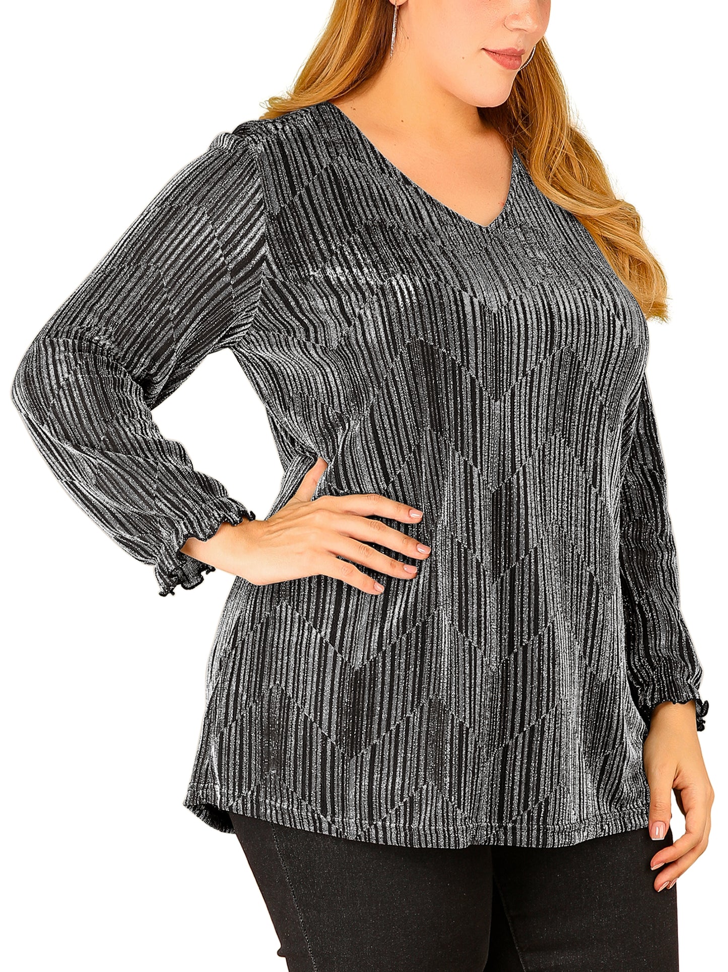 Women's Plus Size Metallic Party Glitter Long Sleeve Shiny Disco Sparkle Top