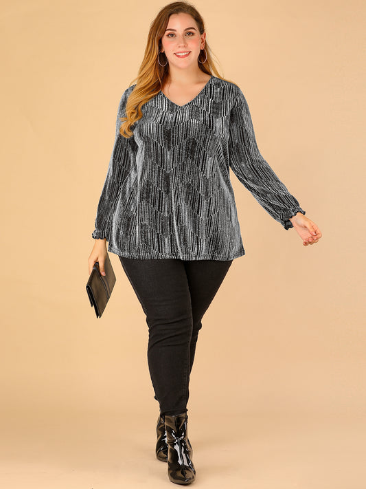 Women's Plus Size Metallic Party Glitter Long Sleeve Shiny Disco Sparkle Top
