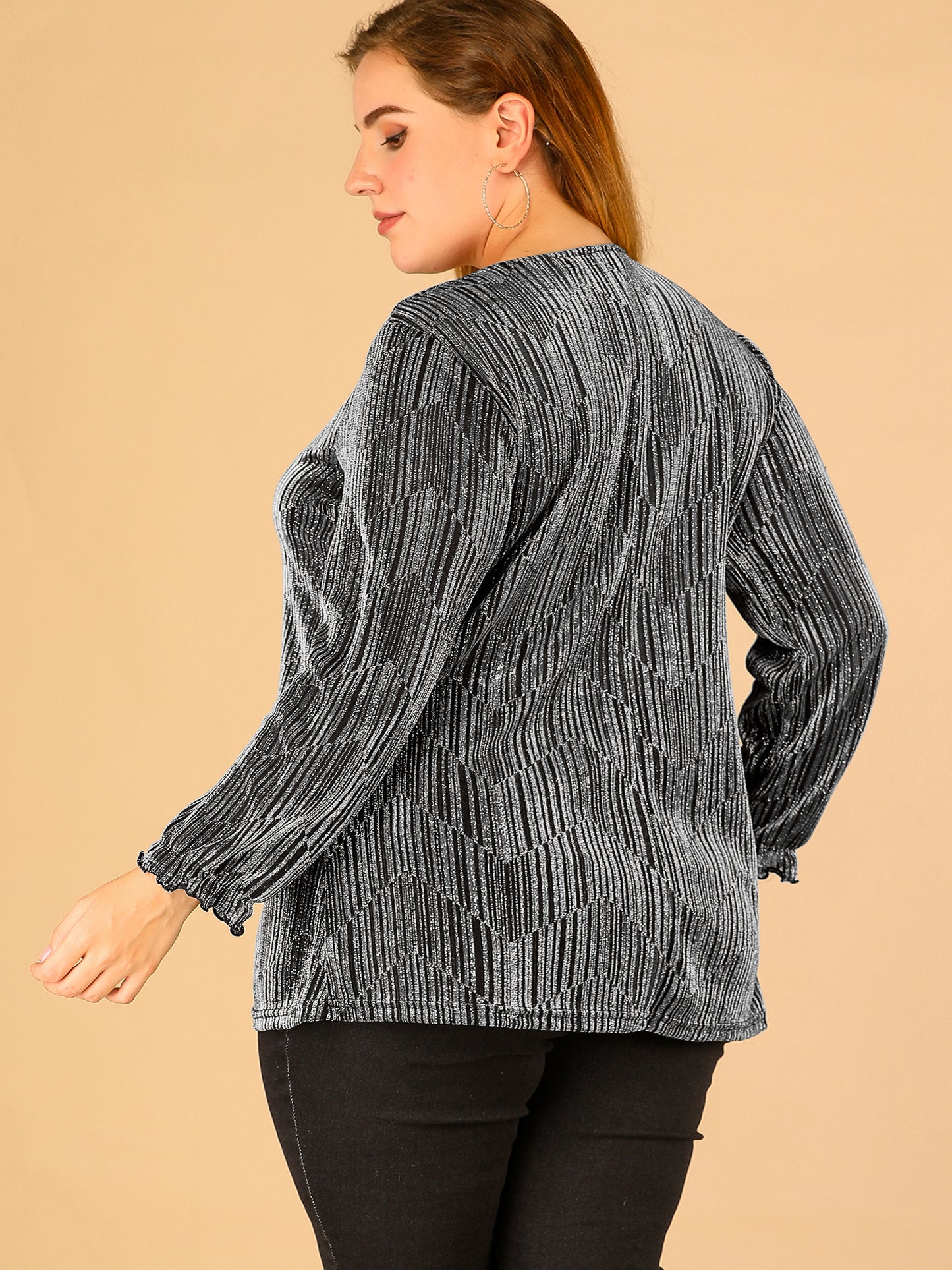 Women's Plus Size Metallic Party Glitter Long Sleeve Shiny Disco Sparkle Top
