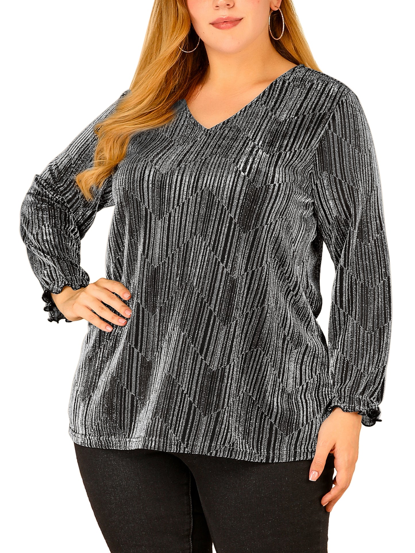 Women's Plus Size Metallic Party Glitter Long Sleeve Shiny Disco Sparkle Top