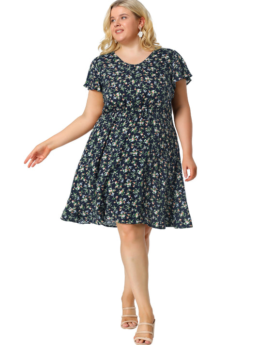 Vestido veraniego de talla grande con escote en V y mangas acampanadas para mujer, vestido midi con volantes y peplum