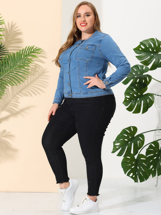Women Plus Size Collarless Long Sleeve Button Down Jean Denim Jacket