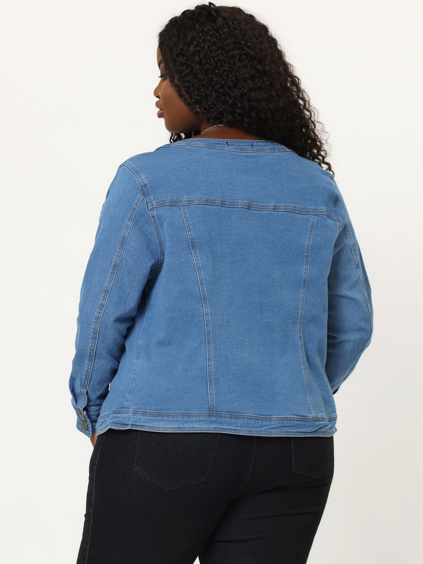 Women Plus Size Collarless Long Sleeve Button Down Jean Denim Jacket