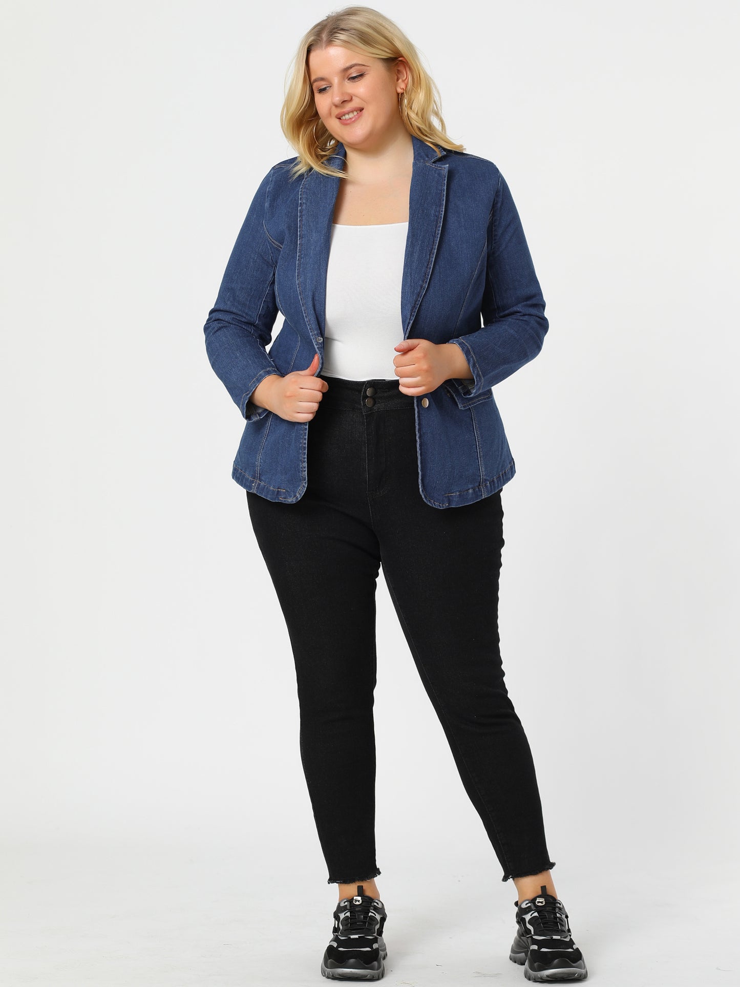 Chaquetas vaqueras de talla grande para mujer, elegantes blazers de trabajo con solapa de mezclilla