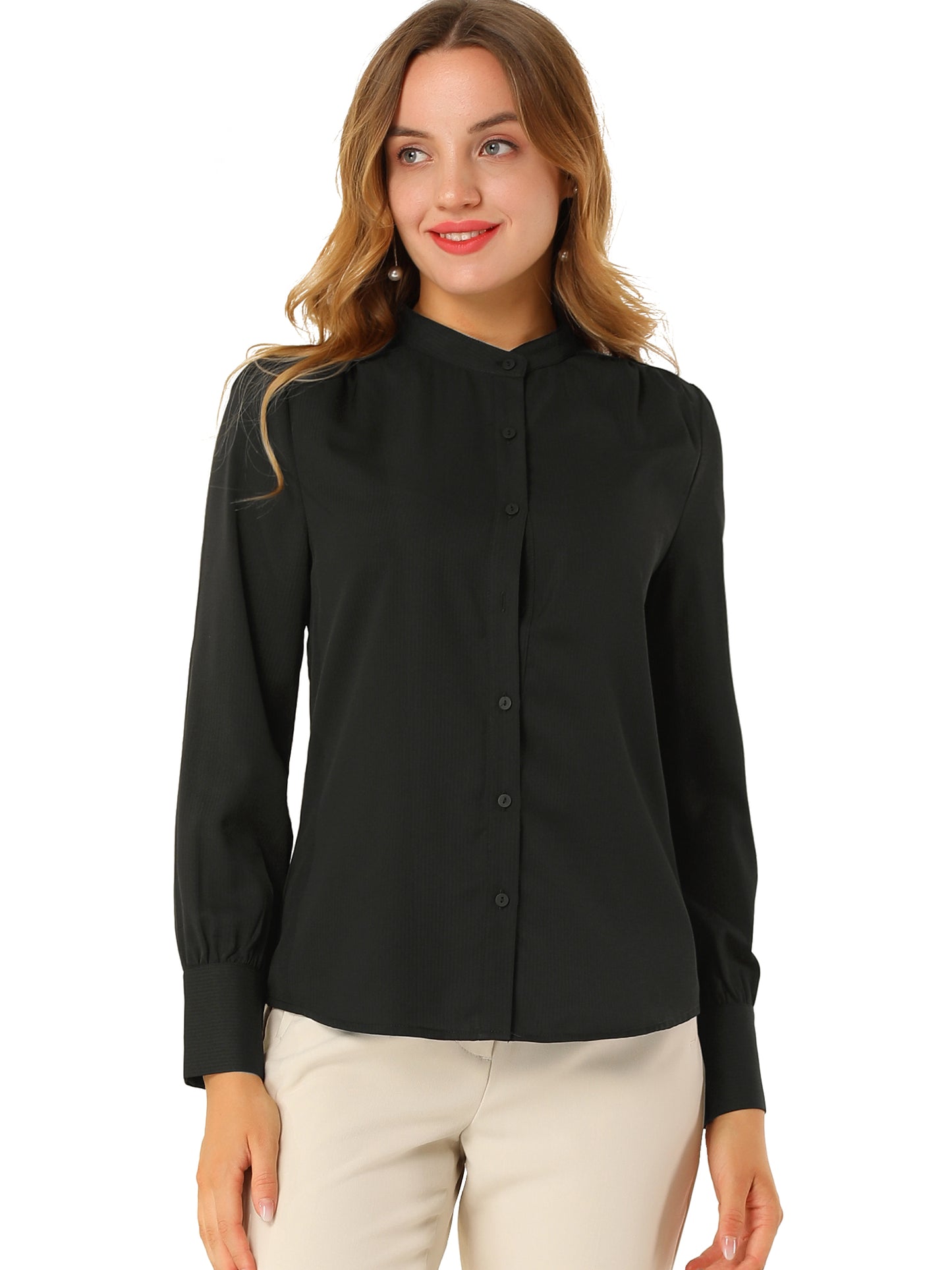 Women's Button Down Long Sleeve Mandarin Collar Work Shirt (Available in Plus Size)