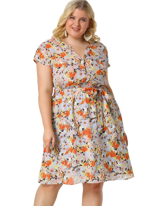 Women's Plus Size V Neck Belted Summer Floral Dresses