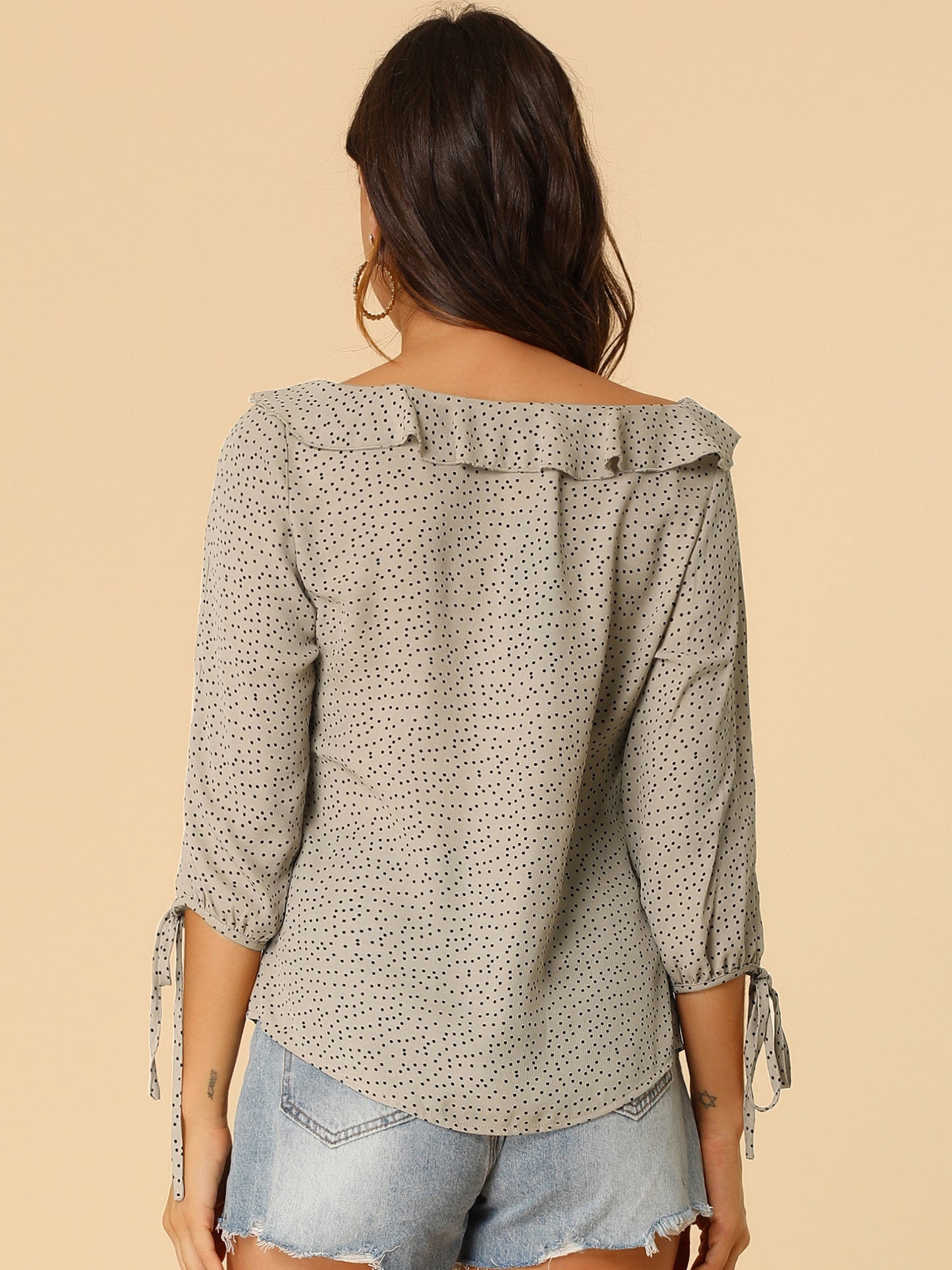 Women's Ruffled Collar Polka Dots 3/4 Sleeve Blouse