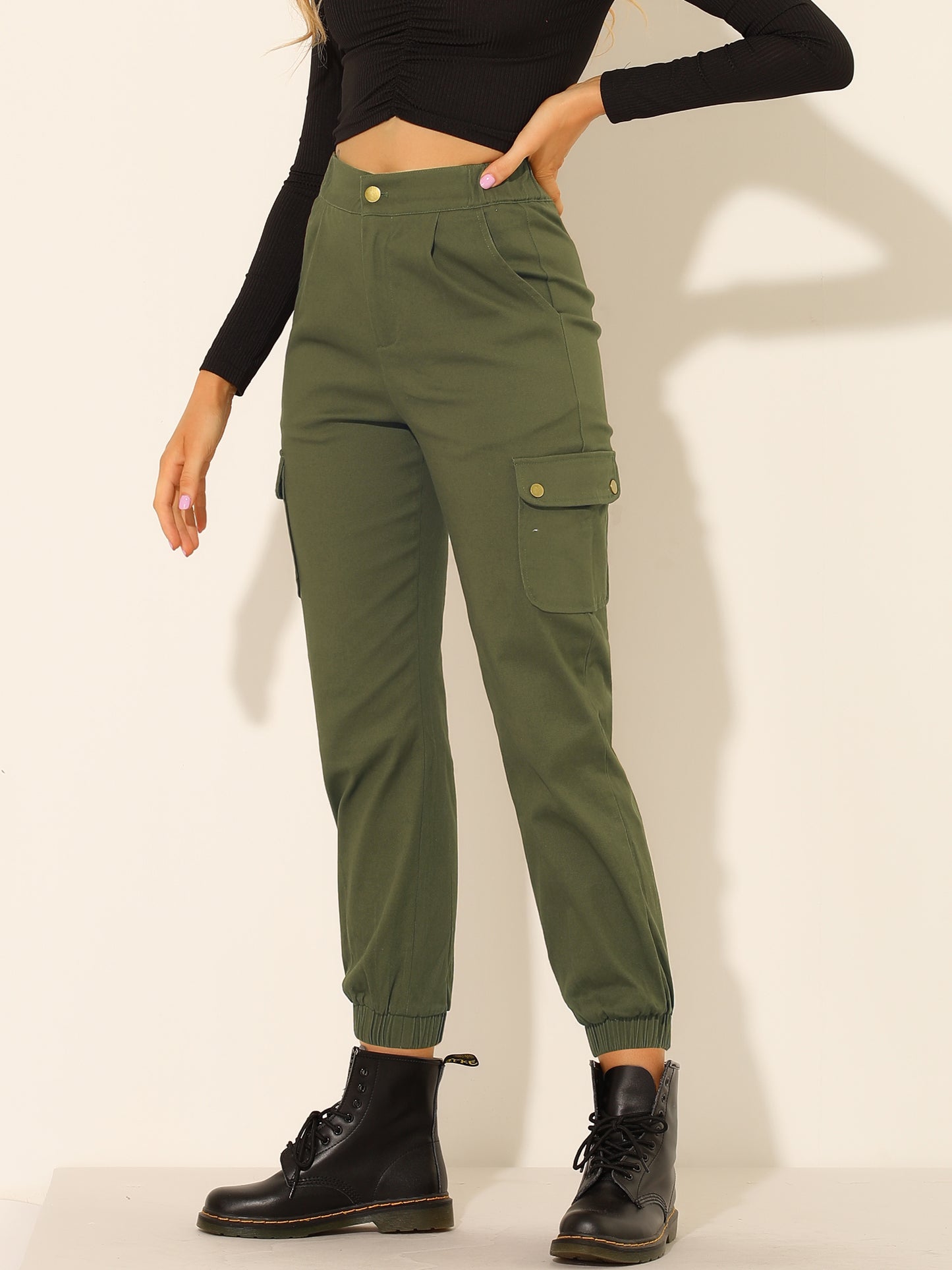 Women's High Waist Casual Stretch Twill Cargo Pants with Pockets