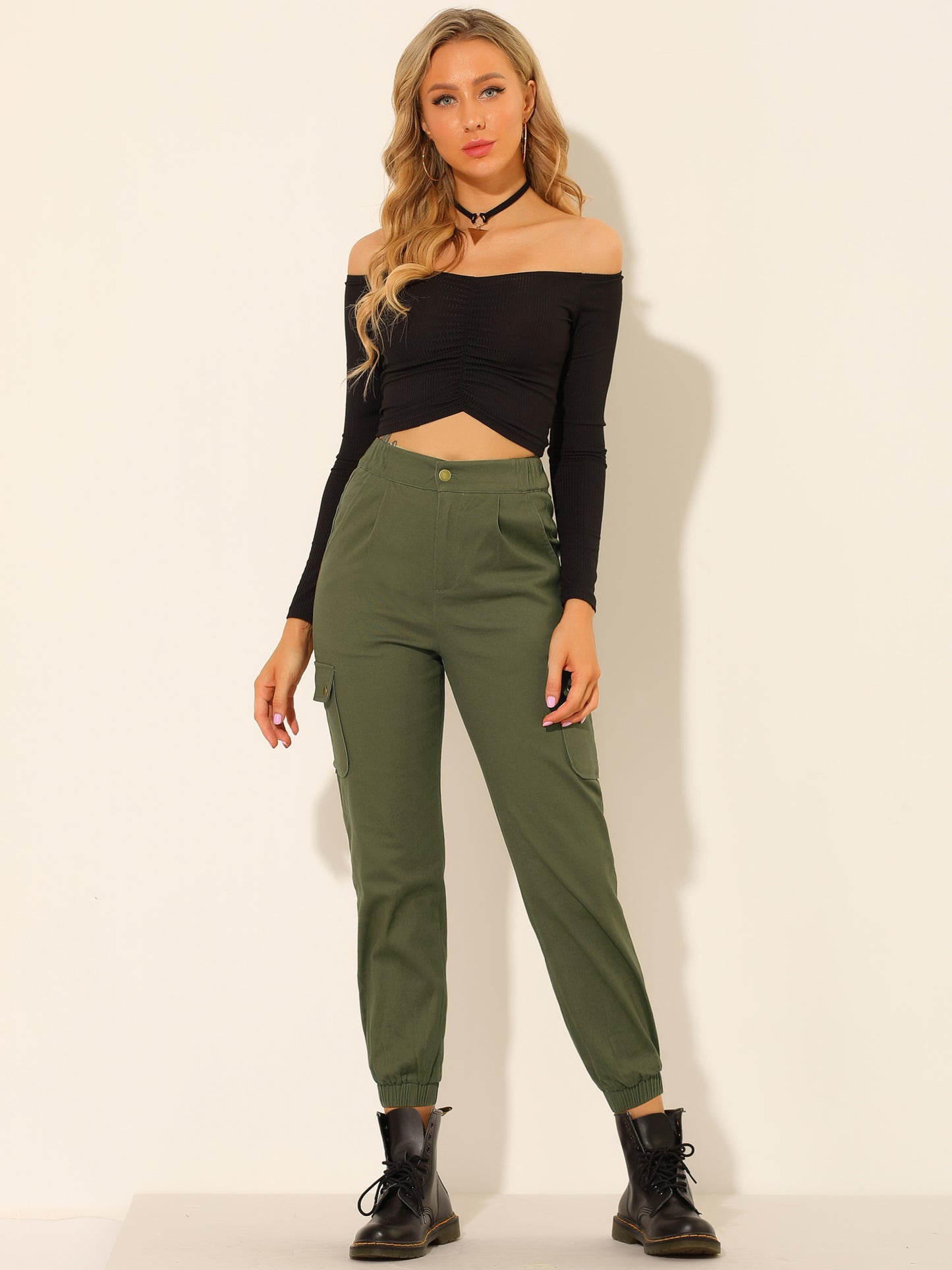 Pantalones cargo informales de sarga elástica de cintura alta para mujer con bolsillos