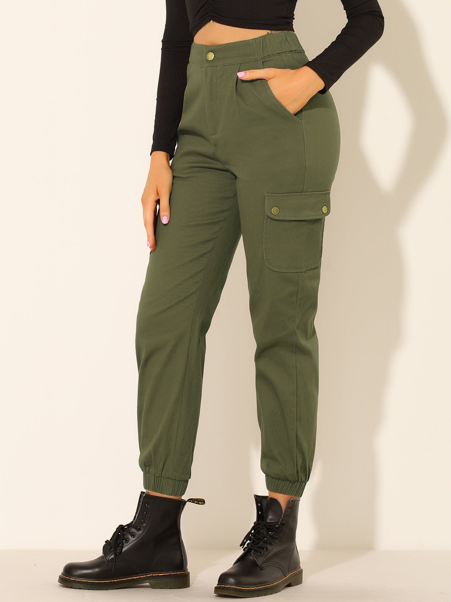 Women's High Waist Casual Stretch Twill Cargo Pants with Pockets
