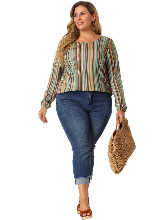 Women Plus Size Boho Color Block Elastic Cuff Long Sleeve Striped Top