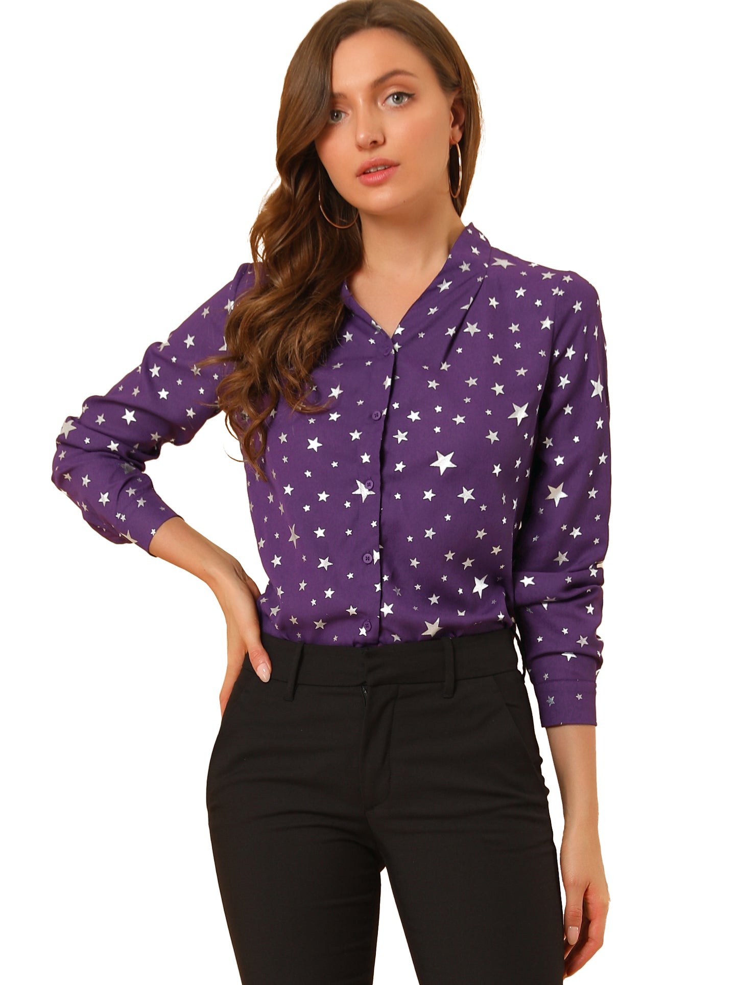 Women's Metallic Patterned V Neck Long Sleeve Gilding Sparkly Shirt (Available in Plus Size)