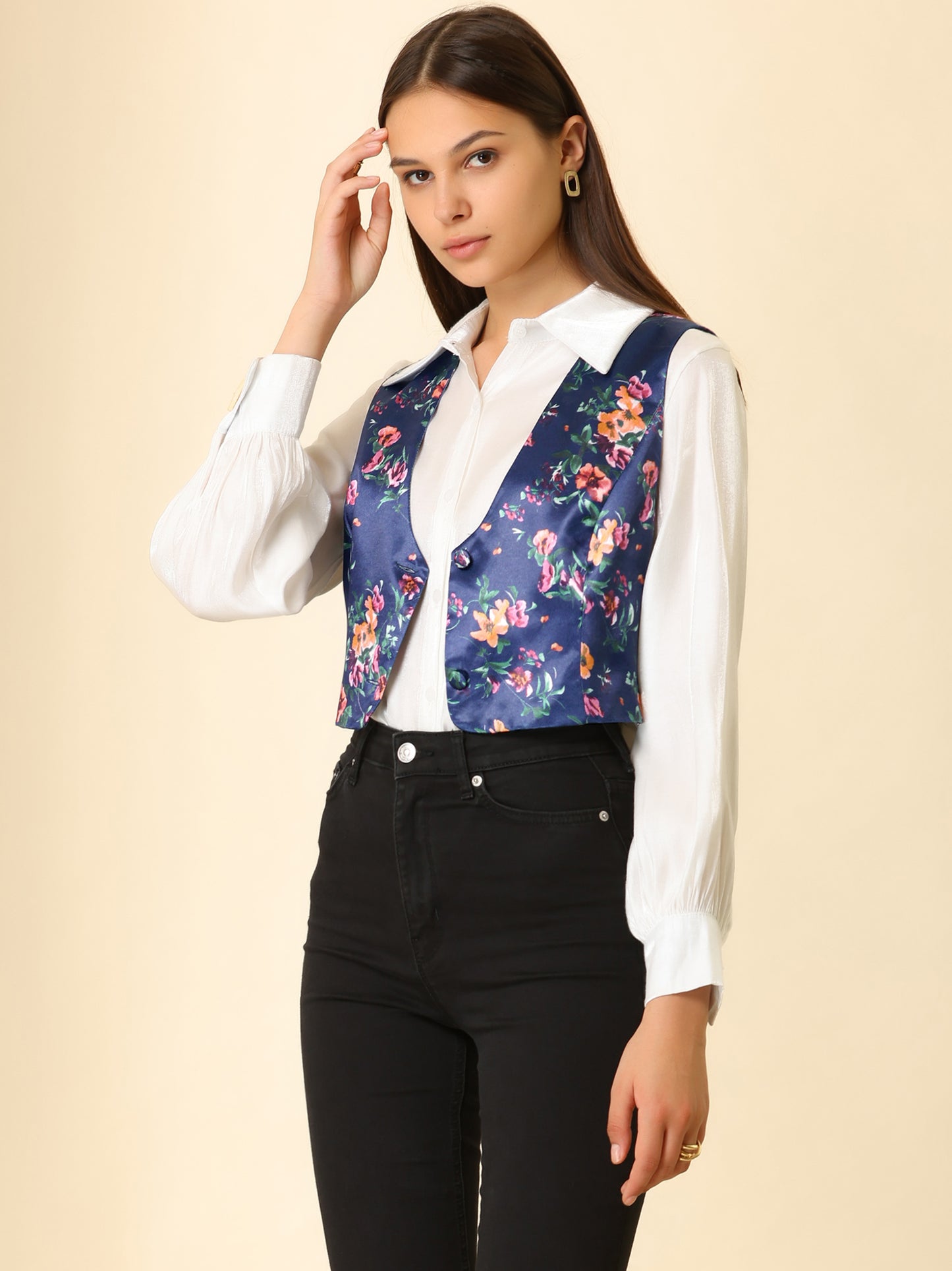 Women's Floral Pattern Vest Button Closure Cropped Satin Vintage Retro Waistcoat Vest