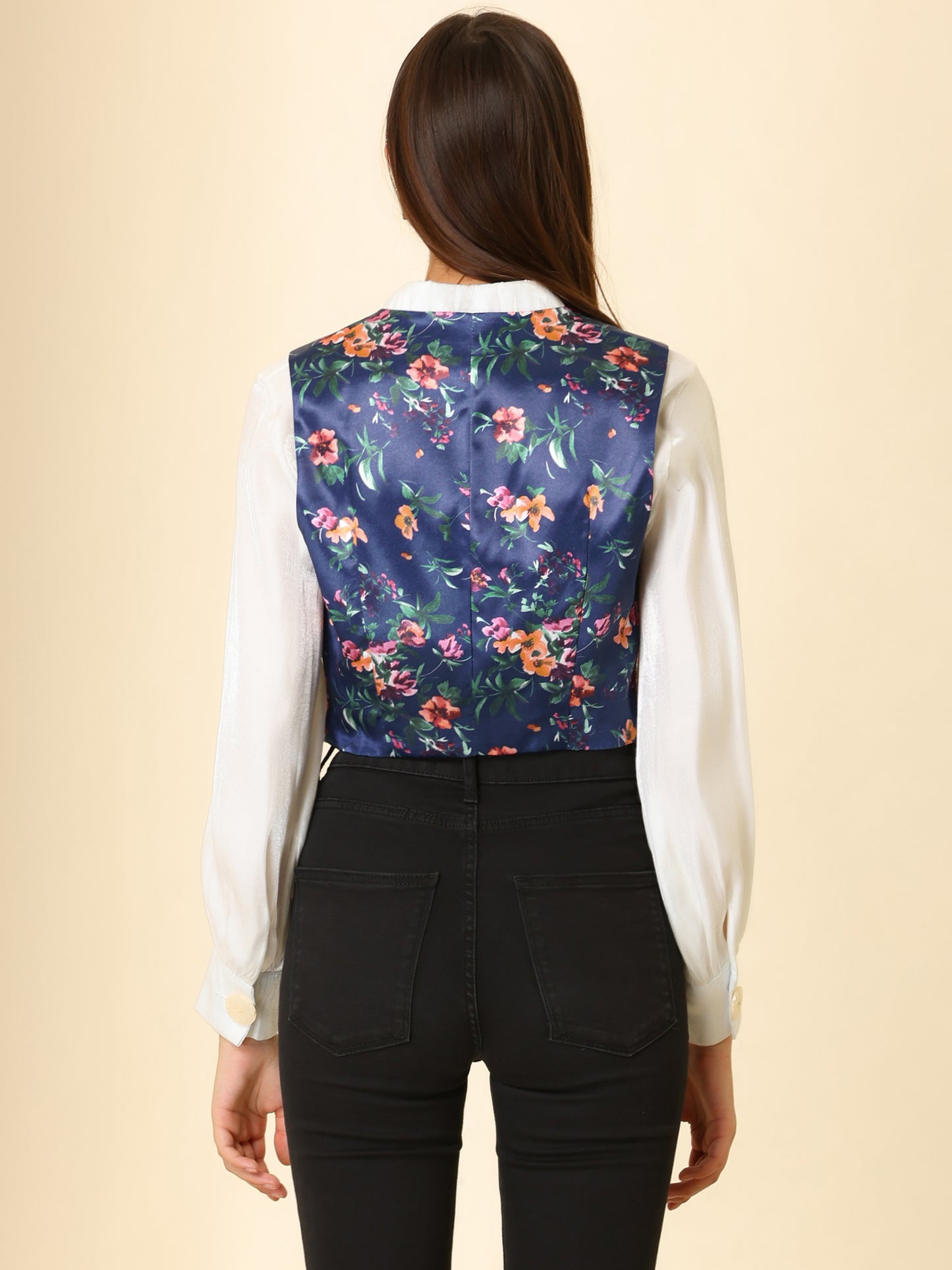 Women's Floral Pattern Vest Button Closure Cropped Satin Vintage Retro Waistcoat Vest