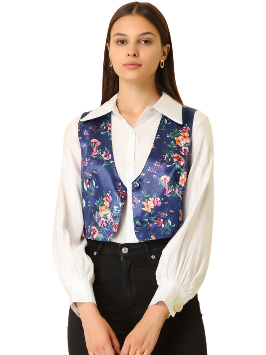 Women's Floral Pattern Vest Button Closure Cropped Satin Vintage Retro Waistcoat Vest
