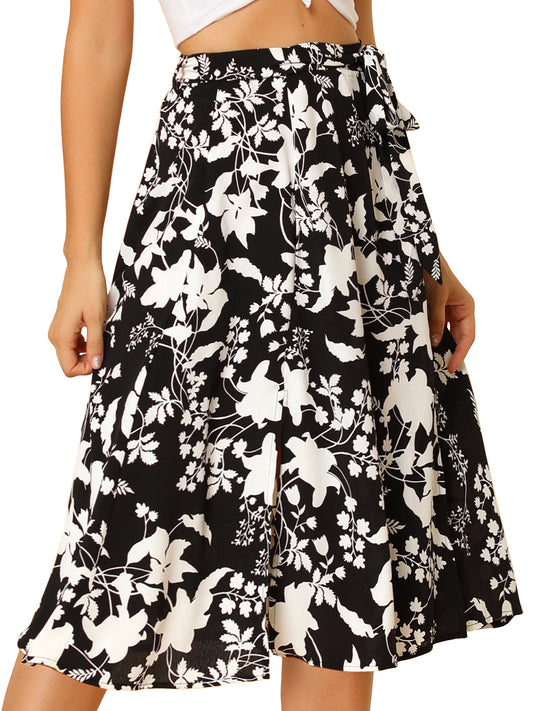 Women's Slits Front High Waist A-Line Belted Floral Flowy Midi Skirt