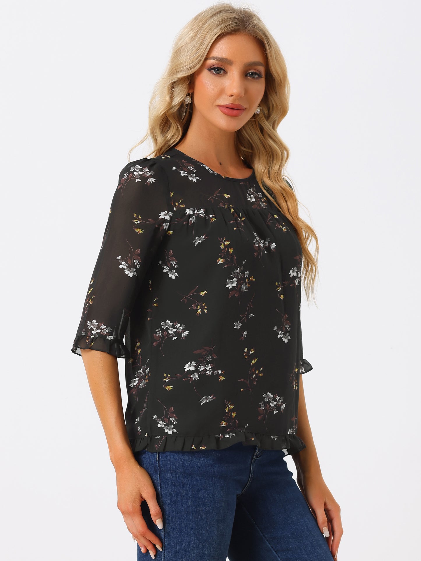 Women's Casual Ruffle 3/4 Sleeve Floral Print Chiffon Blouse (Available in Plus Size)