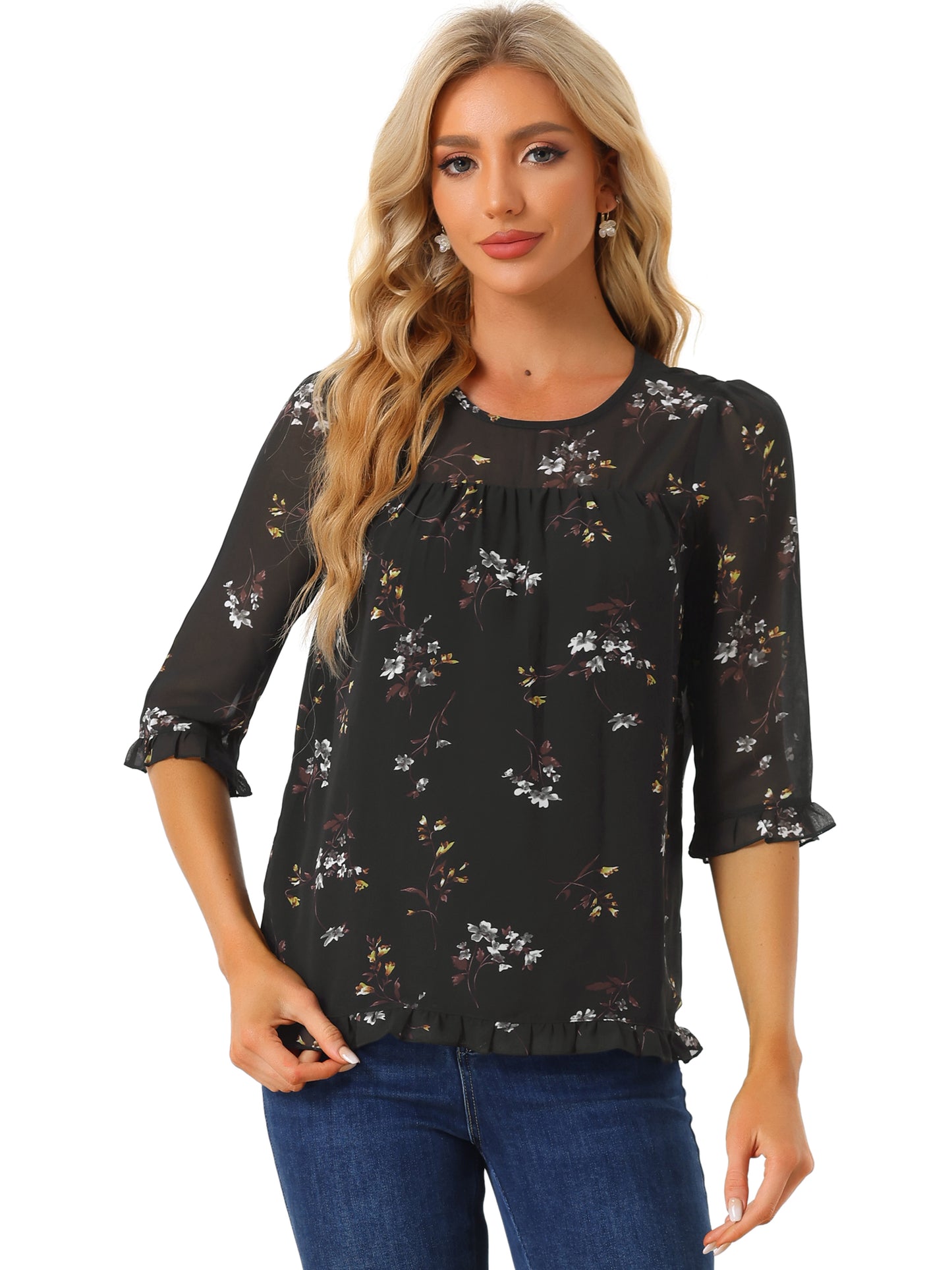 Women's 3/4 Sleeve Floral Print Chiffon Ruffle Blouse Top (Available in Plus Size)