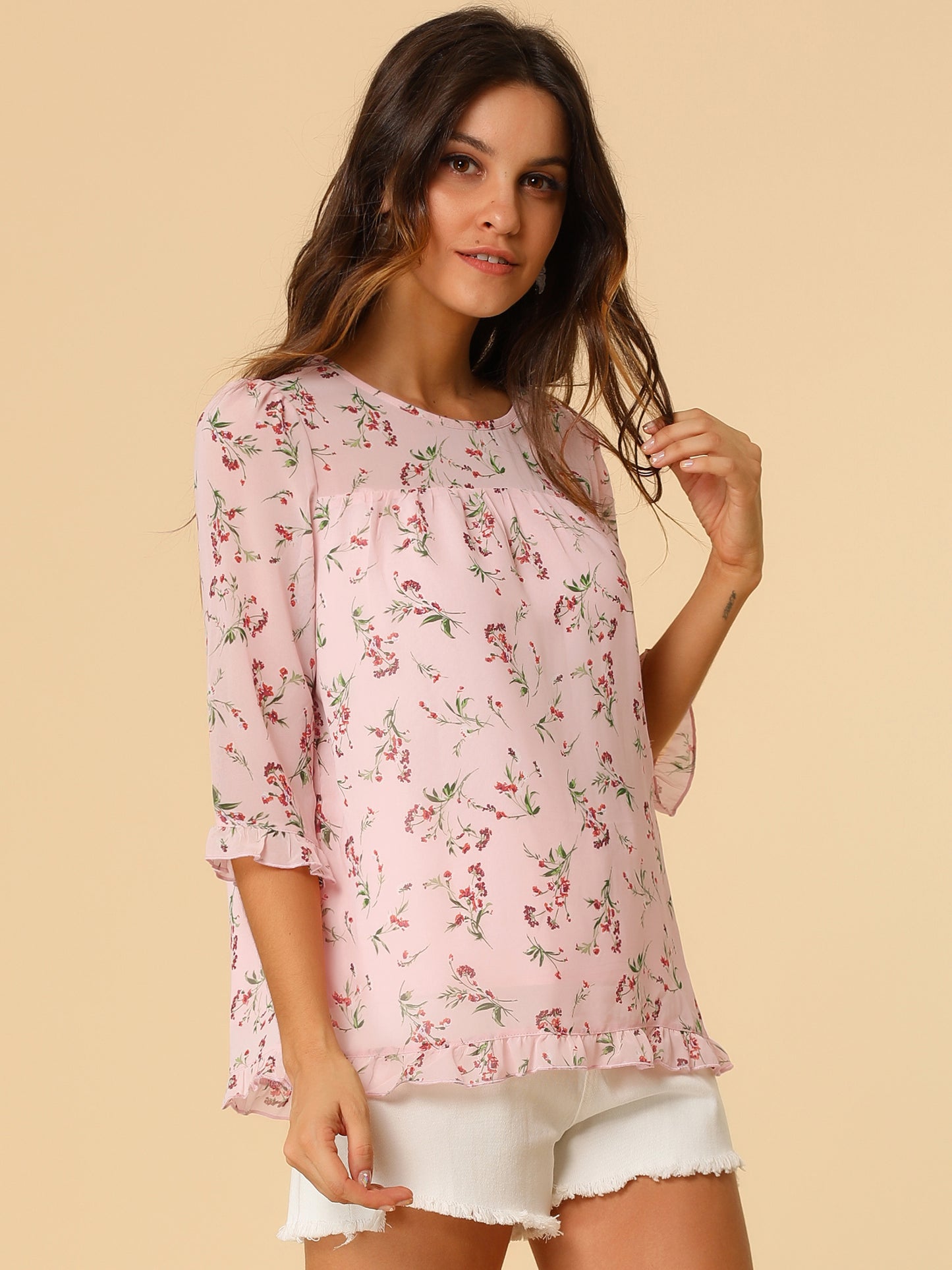 Women's Casual Ruffle 3/4 Sleeve Floral Print Chiffon Blouse