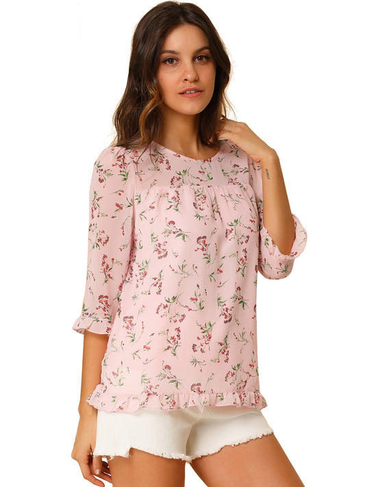 Women's Casual Ruffle 3/4 Sleeve Floral Print Chiffon Blouse