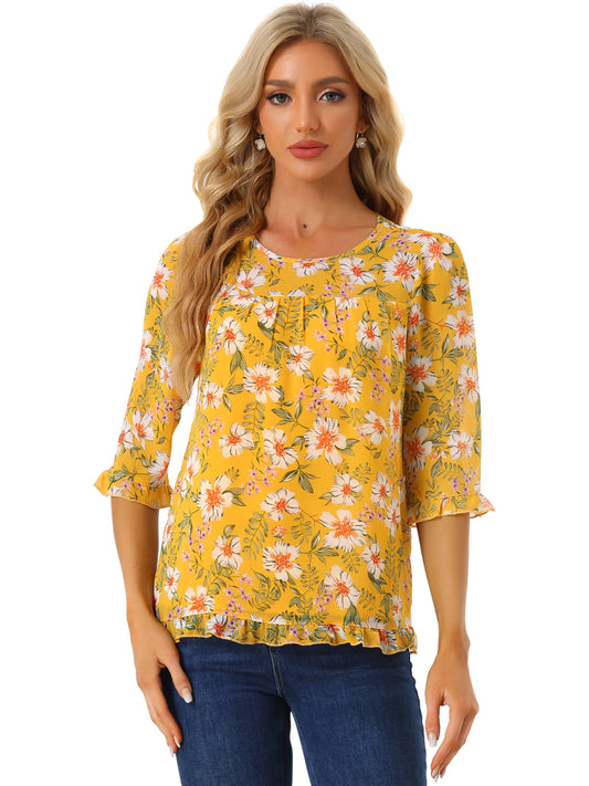 Women's Casual Ruffle 3/4 Sleeve Floral Print Chiffon Blouse