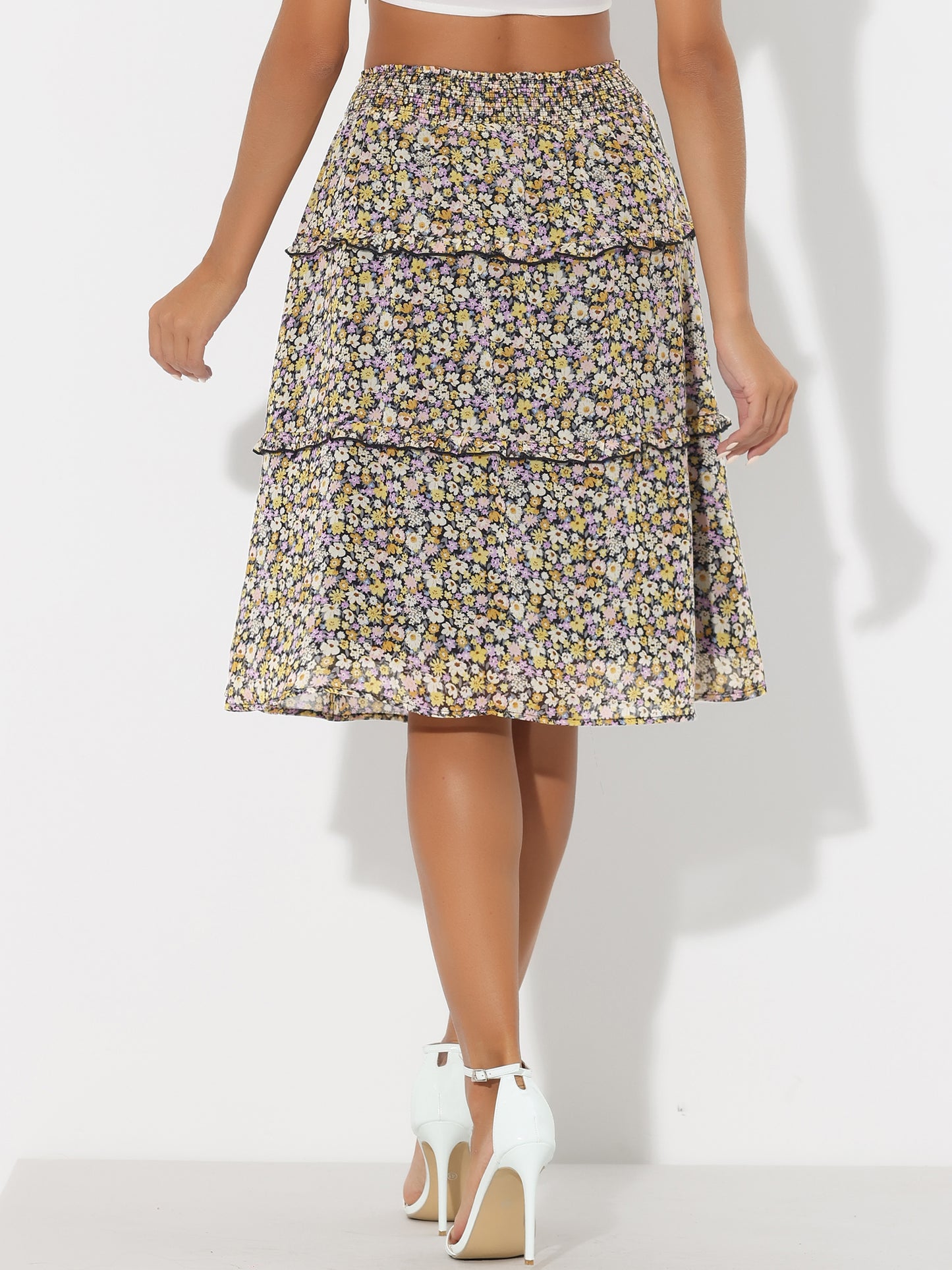 Women's Floral Skirts Spring Smocked Elastic Waist A-Line Below Knee Length Ruffle Tiered Skirt
