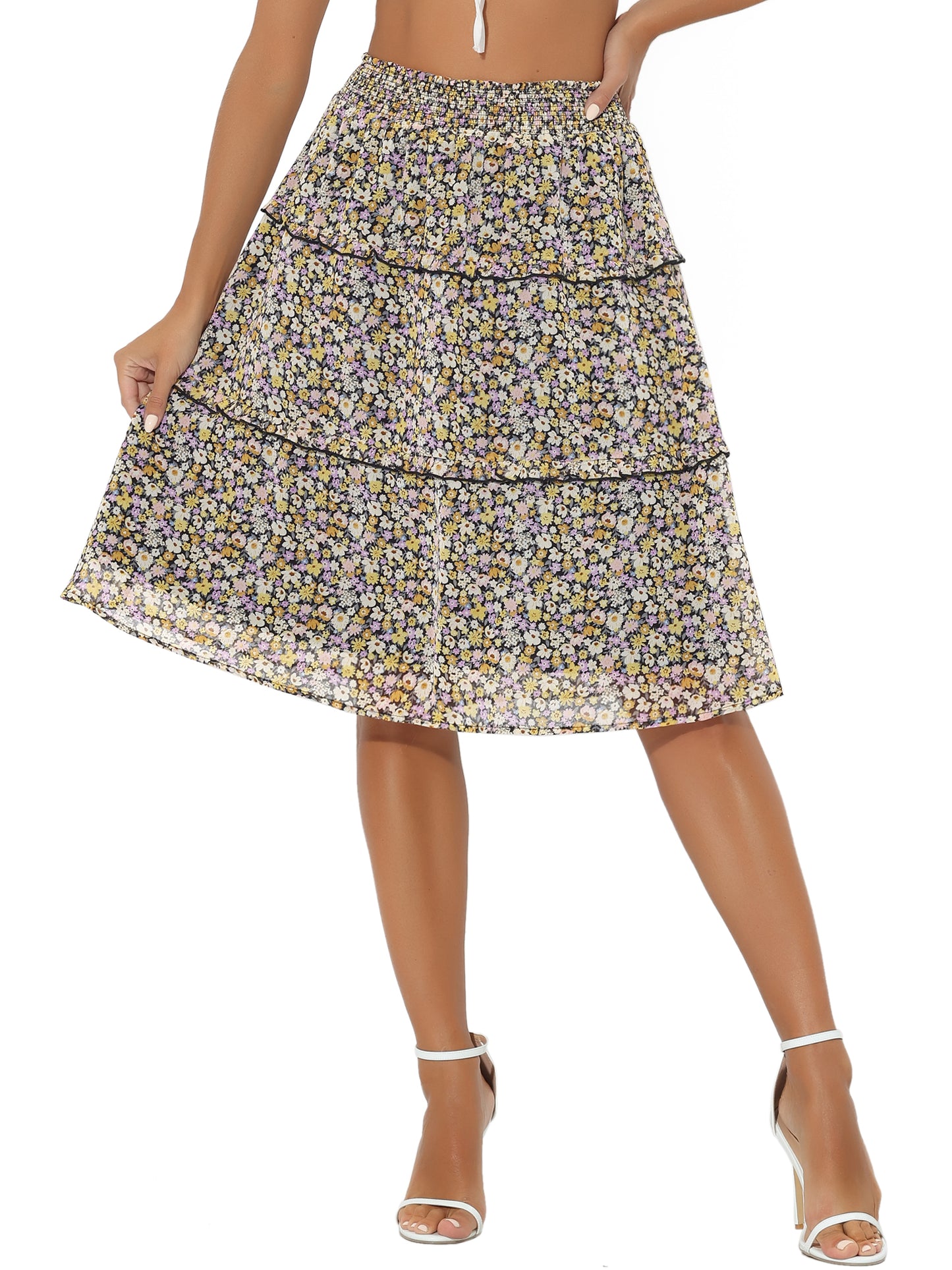 Women's Floral Skirts Spring Smocked Elastic Waist A-Line Below Knee Length Ruffle Tiered Skirt