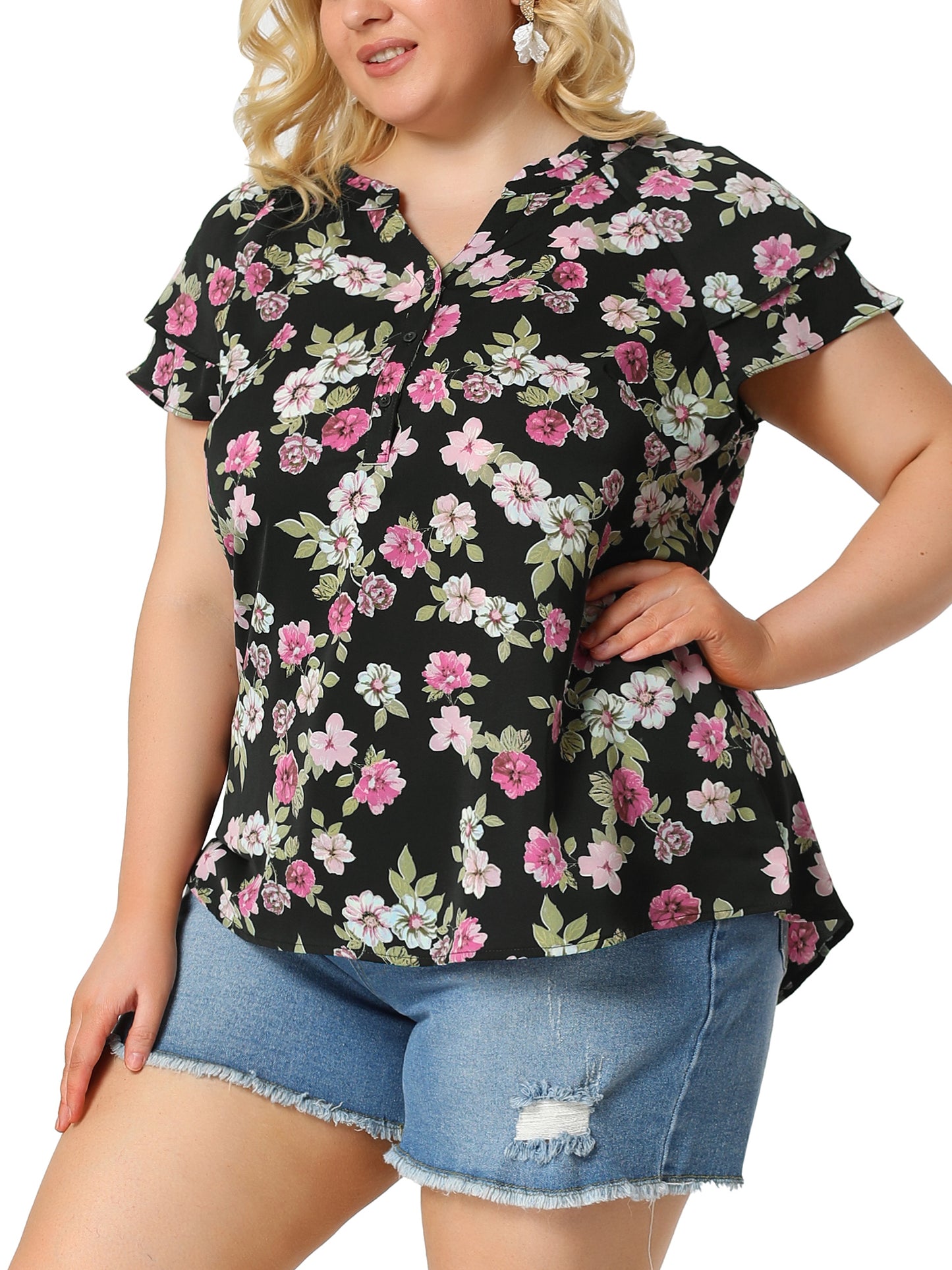 Women's Plus Size Top Floral Printed Ruffle Trim V Neck Layered Sleeve Blouse
