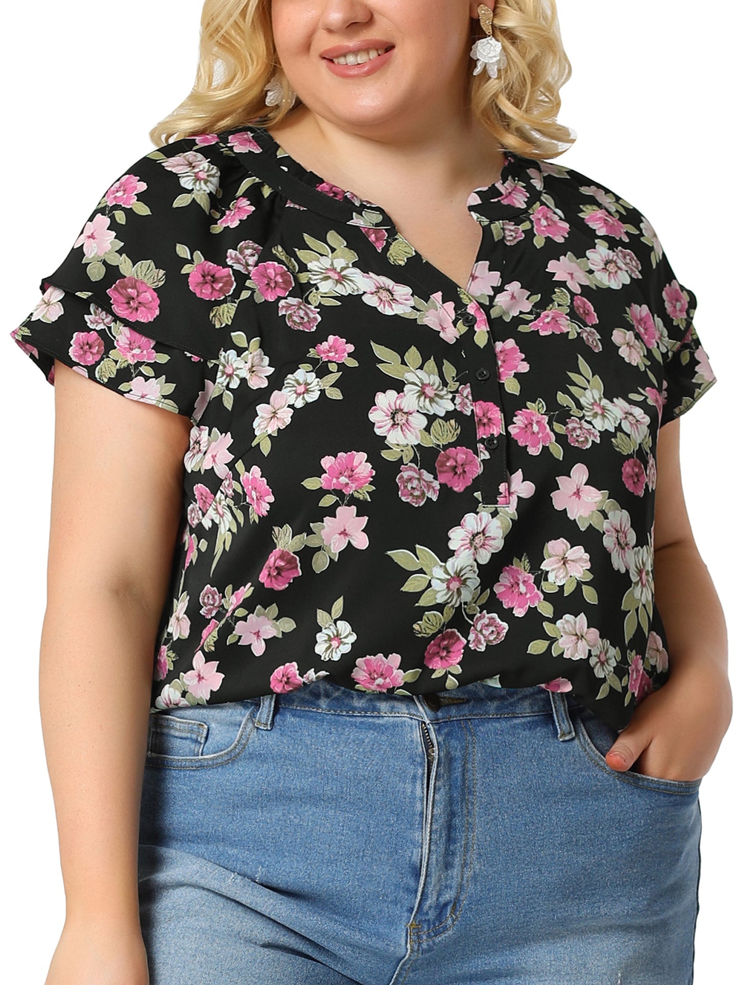 Women's Plus Size Top Floral Printed Ruffle Trim V Neck Layered Sleeve Blouse