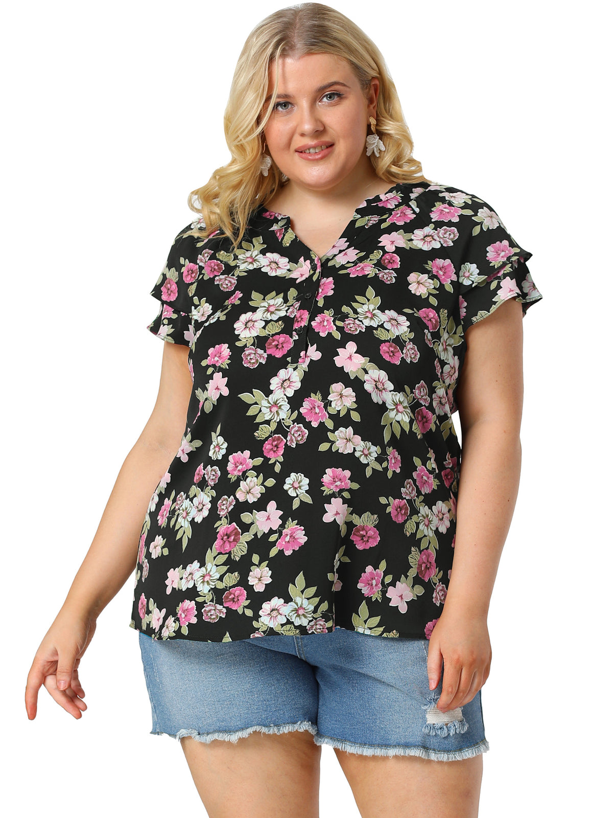 [PACK SALES] Women's Plus Size 2 Piece Floral Tops Ruffle Trim Notched Neck Buttons Layered Short Sleeve Casual Blouse