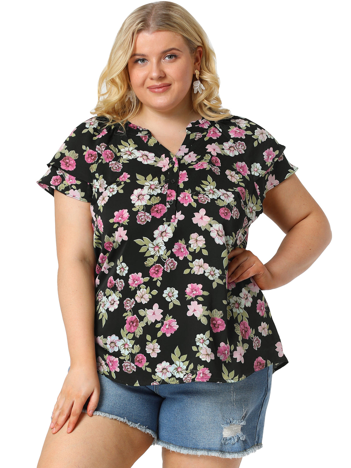 [PACK SALES] Women's Plus Size 2 Piece Floral Tops Ruffle Trim Notched Neck Buttons Layered Short Sleeve Casual Blouse