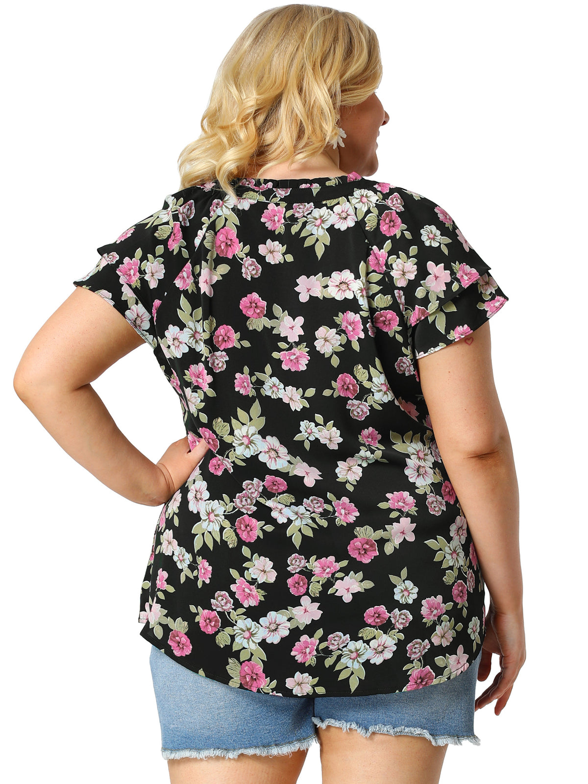 [PACK SALES] Women's Plus Size 2 Piece Floral Tops Ruffle Trim Notched Neck Buttons Layered Short Sleeve Casual Blouse
