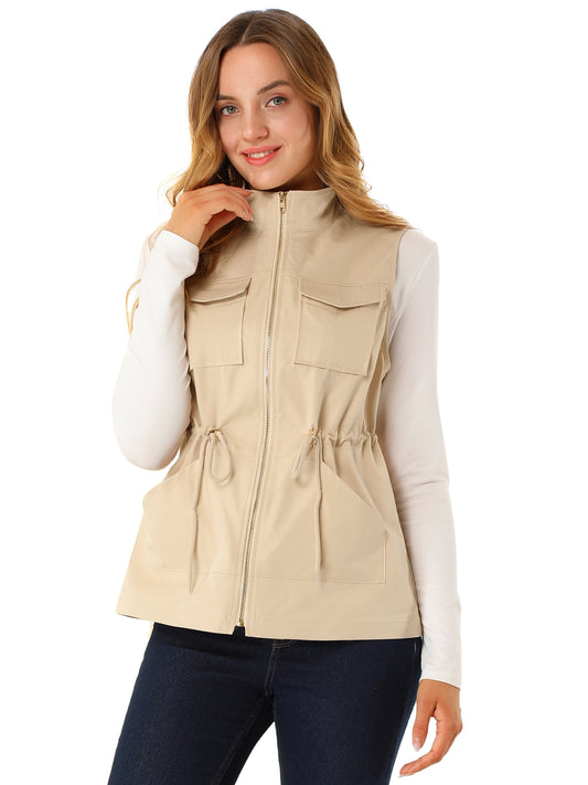 Women's Utility Sleeveless Casual Drawstring Zipper Cargo Vest