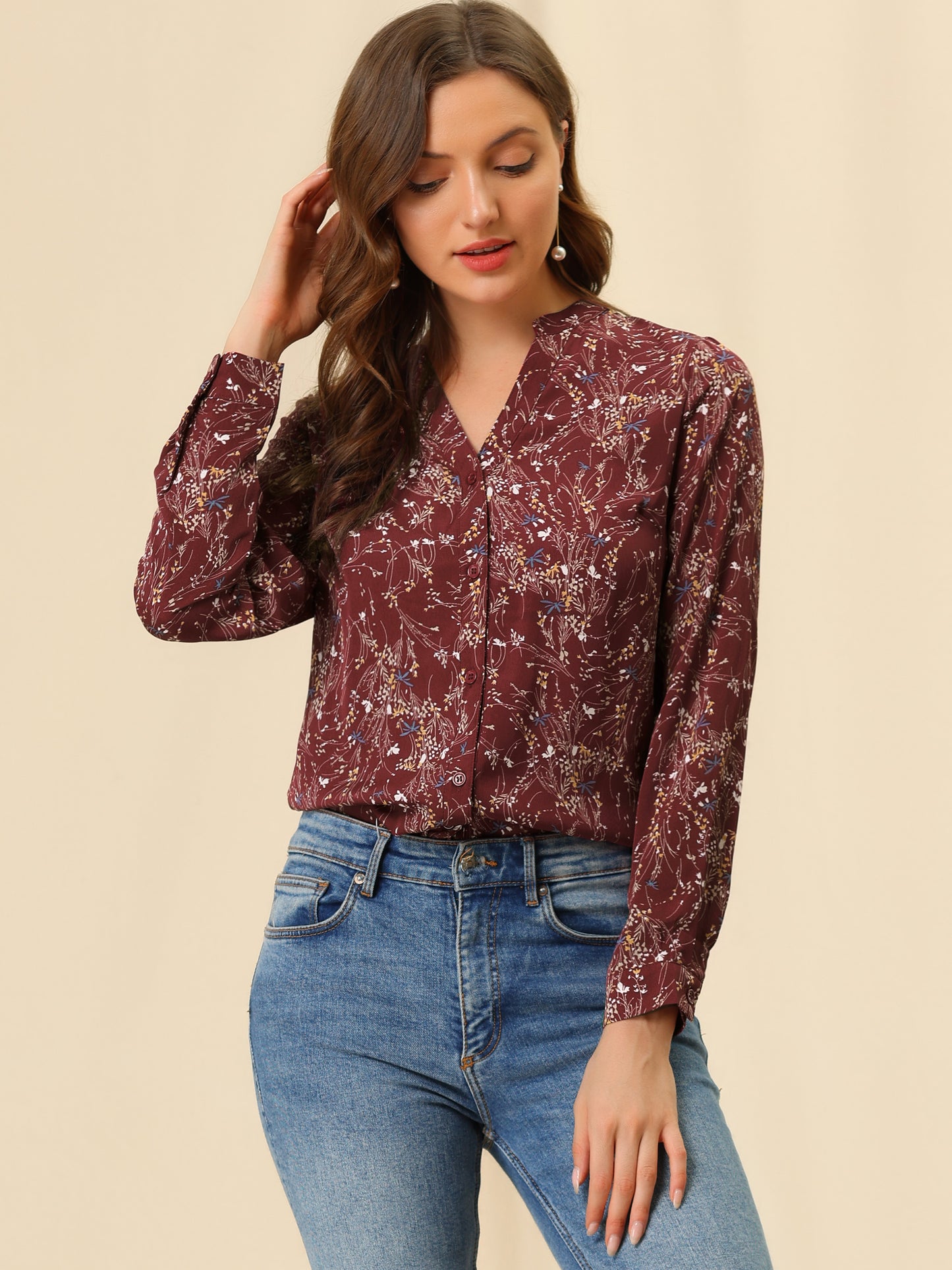 Women's Chiffon V Neck Long Sleeve Tunic Top Floral Button Up Shirt (Available in Plus Size)