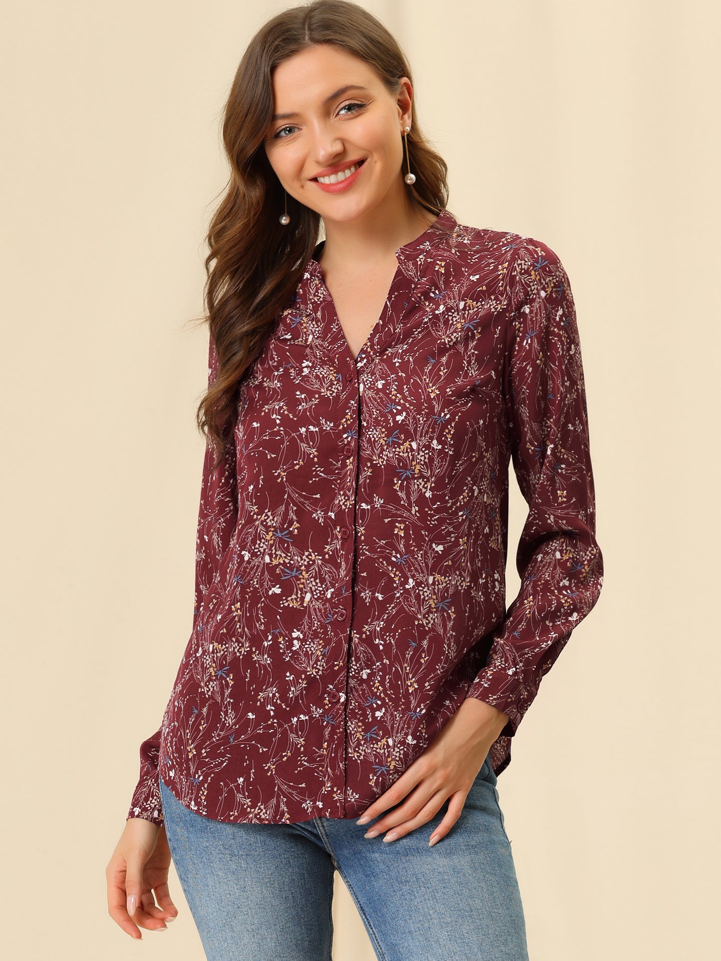 Women's Chiffon V Neck Long Sleeve Tunic Top Floral Button Up Shirt (Available in Plus Size)