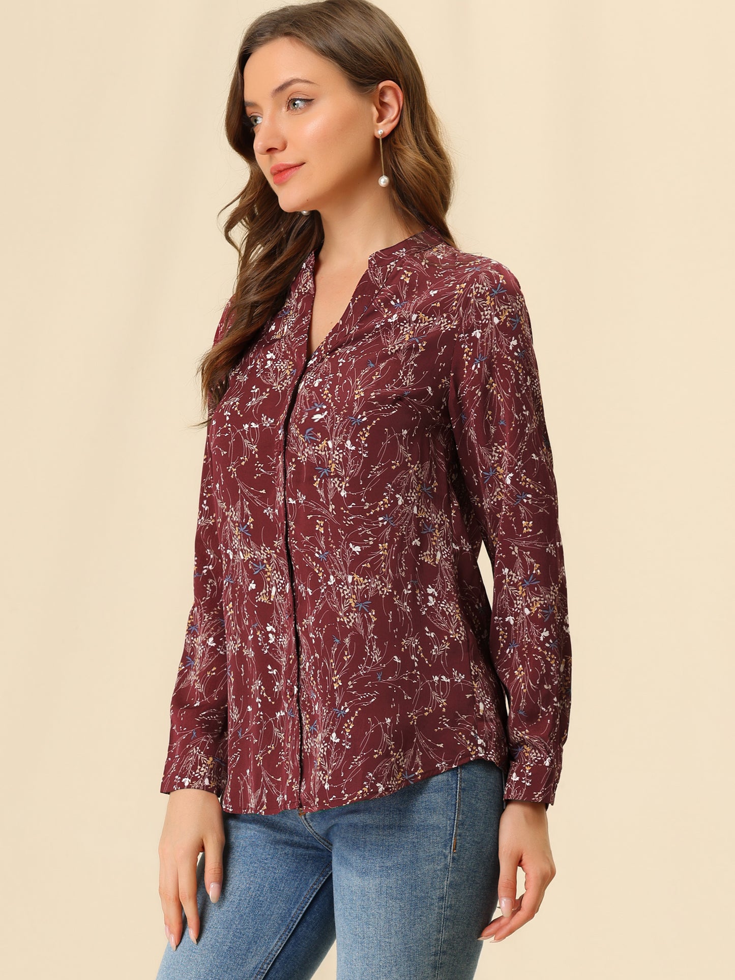 Women's Chiffon V Neck Long Sleeve Tunic Top Floral Button Up Shirt (Available in Plus Size)
