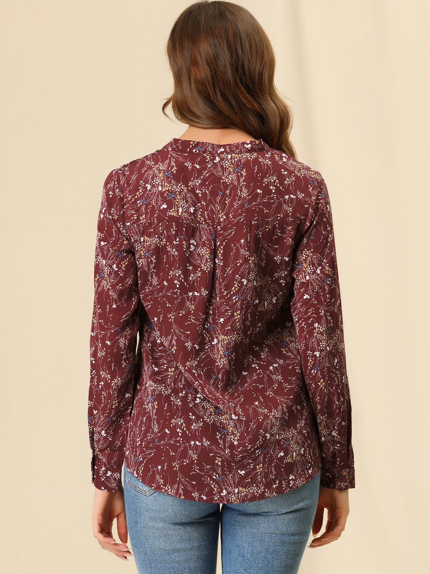 Women's Chiffon V Neck Long Sleeve Tunic Top Floral Button Up Shirt (Available in Plus Size)
