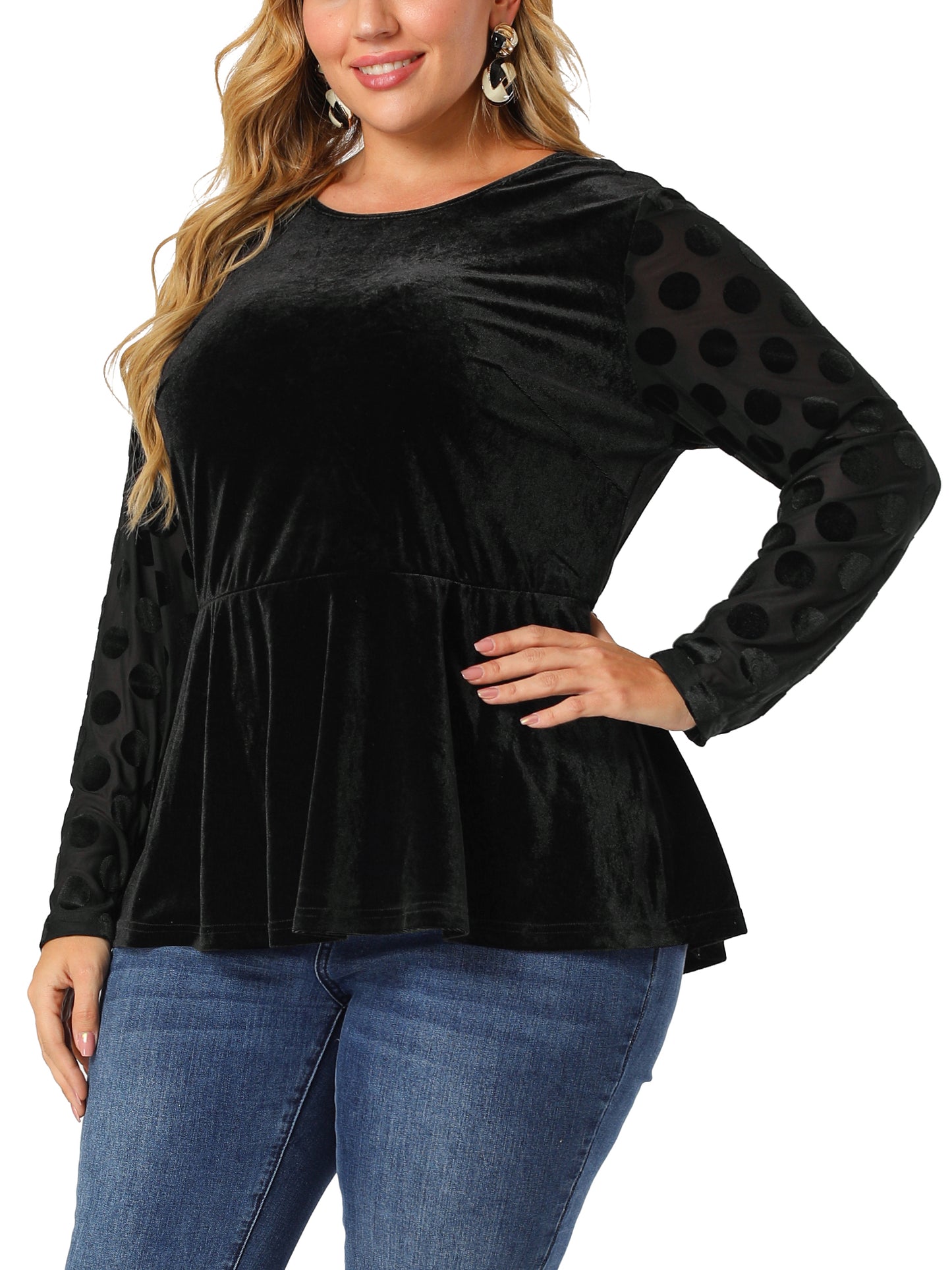 Women Plus Size Top Polka Dots Sheer Sleeve Velvet Peplum Top