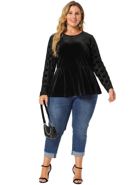 Women Plus Size Top Polka Dots Sheer Sleeve Velvet Peplum Top
